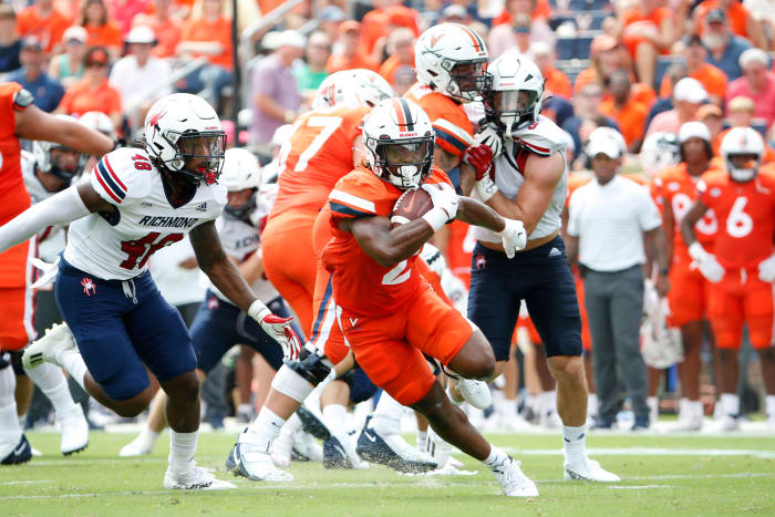 Virginia Cavaliers running back Perris Jones (2) carries the ball against the Richmond Spiders during the first half at Scott Stadium.